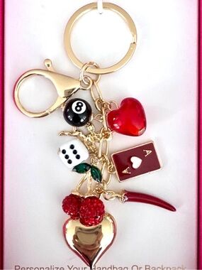Persimmons NWT Gold Tone Red Charm Keychain with Hearts, Dice & Playing Card